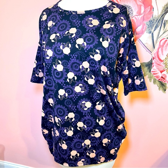 EUC XXS Disney LuLaRoe Irma Tunic Top Short Sleeve, Black, Purple, & Orange 121 - Picture 1 of 9